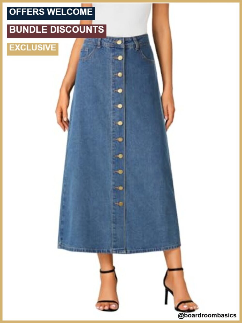 Casual Button Down High Waisted A Line Midi Jean Skirt with Pockets